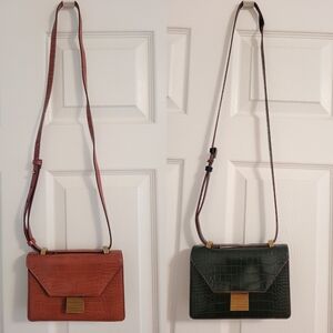 Charles & Keith Croc-Effect Push Lock Crossbody Bag - Glossy Brown and black